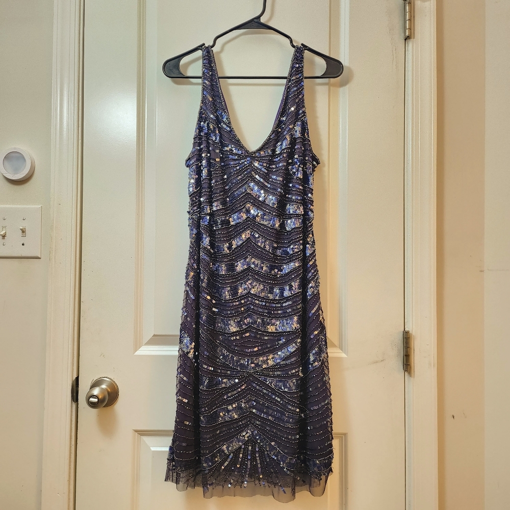 Patra art deco 20s-inspired flapper iridescent beaded purple midi cocktail dress